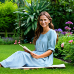 **

A woman sitting peacefully in a serene garden, surrounded by colorful flowers and lush greenery, journaling with a gentle smile. She is fully clothed in modest, comfortable attire, perhaps a flowing dress or a simple blouse and pants. The scene evokes a sense of calmness and introspection. Perfect anatomy, correct proportions, natural pose, well-formed hands, proper finger count, natural body proportions. Safe for work, appropriate content, professional, modest, family-friendly.

**