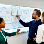 **

A diverse group of professionals brainstorming in a modern, brightly lit office. They are using mind maps and sticky notes on a large whiteboard. Everyone is fully clothed in appropriate business attire. The atmosphere is collaborative and energetic. Safe for work, appropriate content, professional environment, perfect anatomy, natural proportions, well-formed hands, proper finger count, family-friendly.

**